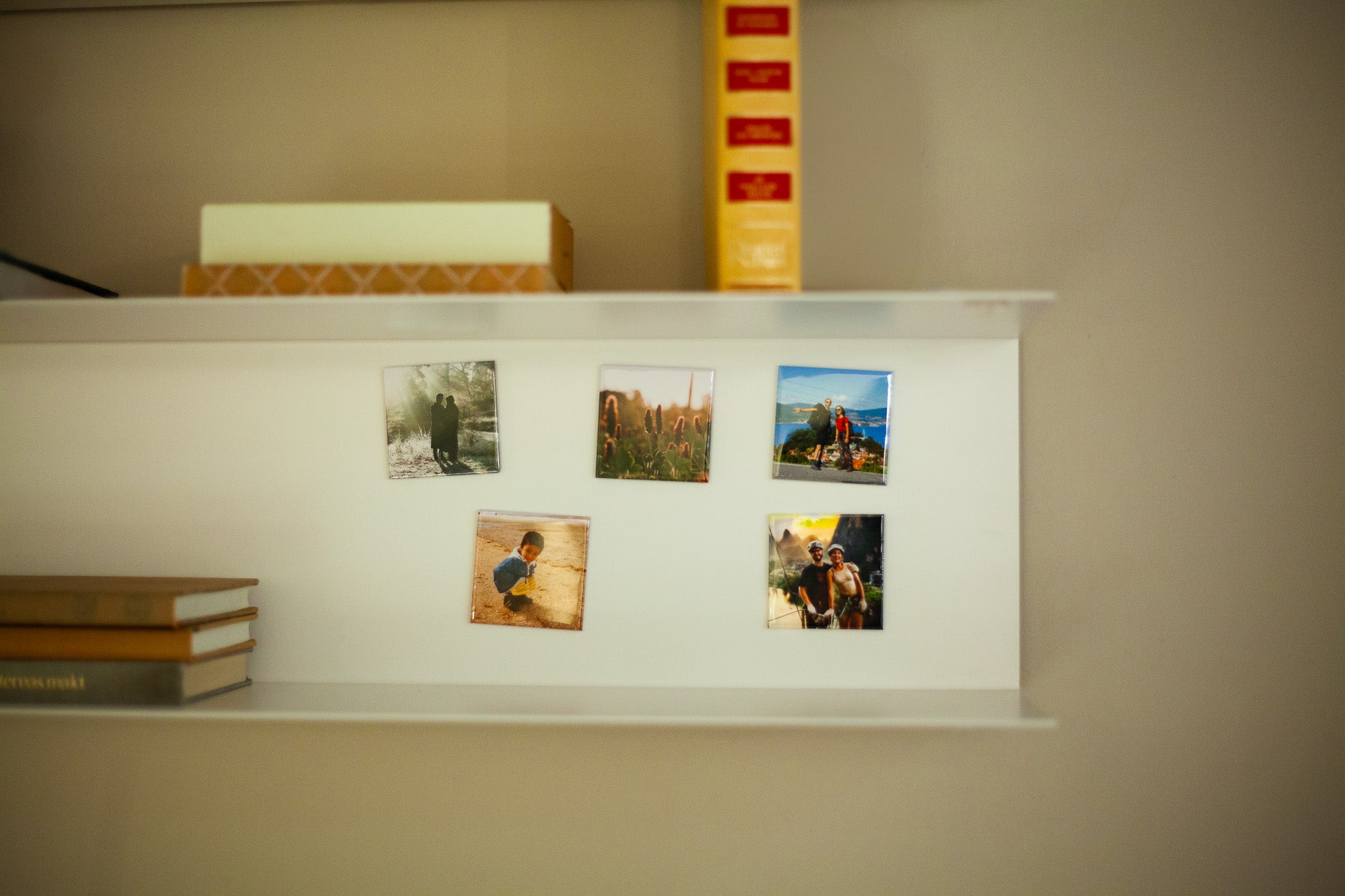 notjustmagnets. – 5 fotomagneten in een woonkamer, tegen een metalen schap naast boekenlose-up in woonruimte, medium close-up
