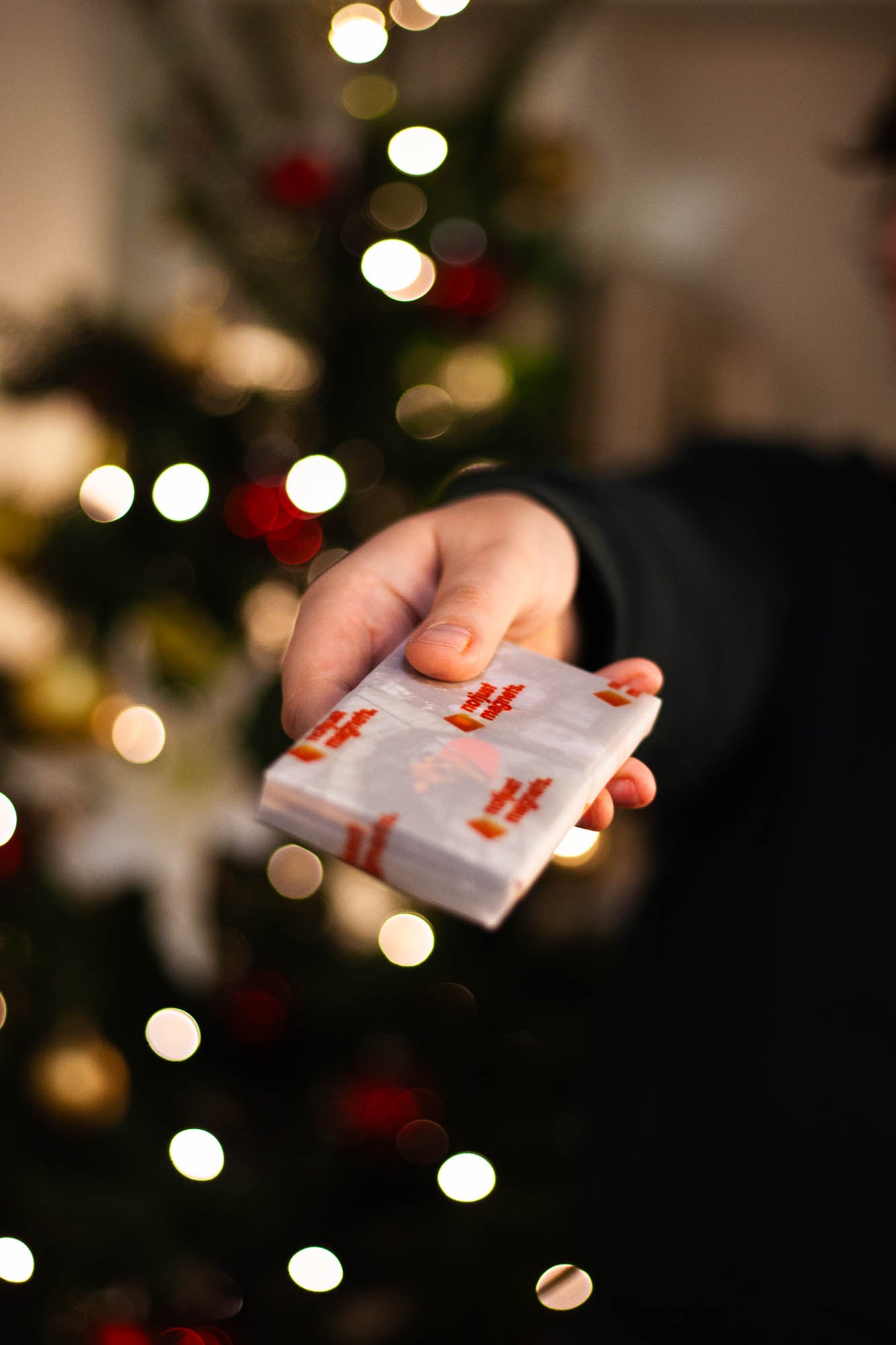 notjustmagnets. – 4 verpakte fotomagneten in hand voor een kerstboom